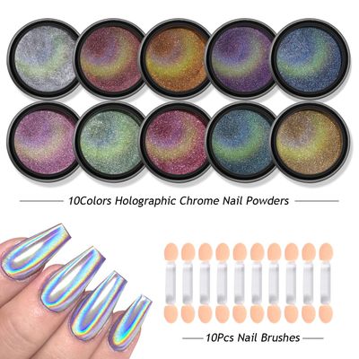 Furtherpretty Holographic Chrome Nail Powder, 10 Colors Metallic Mirror Effect Nail Glitter Powder Laser Gold Silver Pink Blue Aurora Iridescent Manicure Pigment Dust with Brush, Nail Art Decoration