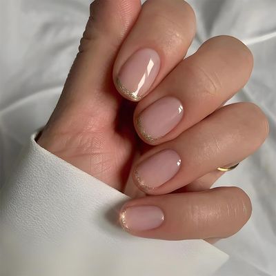 XZMeiLun Press on Nails Short, Extra Short Press on Nails Glue on for Women, Gold Nude Pink French tip press-on nail, Reusable Stick on Acrylic Glossy Soft Gel Fake presson Nail Kit for Women Gift