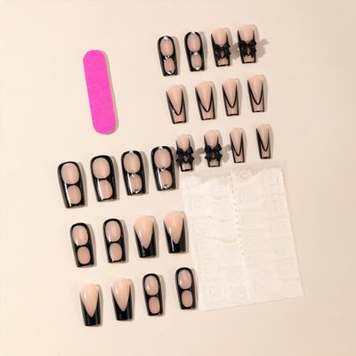 Mkwntg Black Bow Press on Nails Medium Square Fake Nails Glossy Black French Tips Coffin False Nails Classic Black Full Cover Glue on Nails with Rhinestones Designs Acrylic Nails for Women Girls 24Pcs