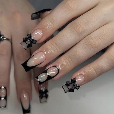 Mkwntg Black Bow Press on Nails Medium Square Fake Nails Glossy Black French Tips Coffin False Nails Classic Black Full Cover Glue on Nails with Rhinestones Designs Acrylic Nails for Women Girls 24Pcs