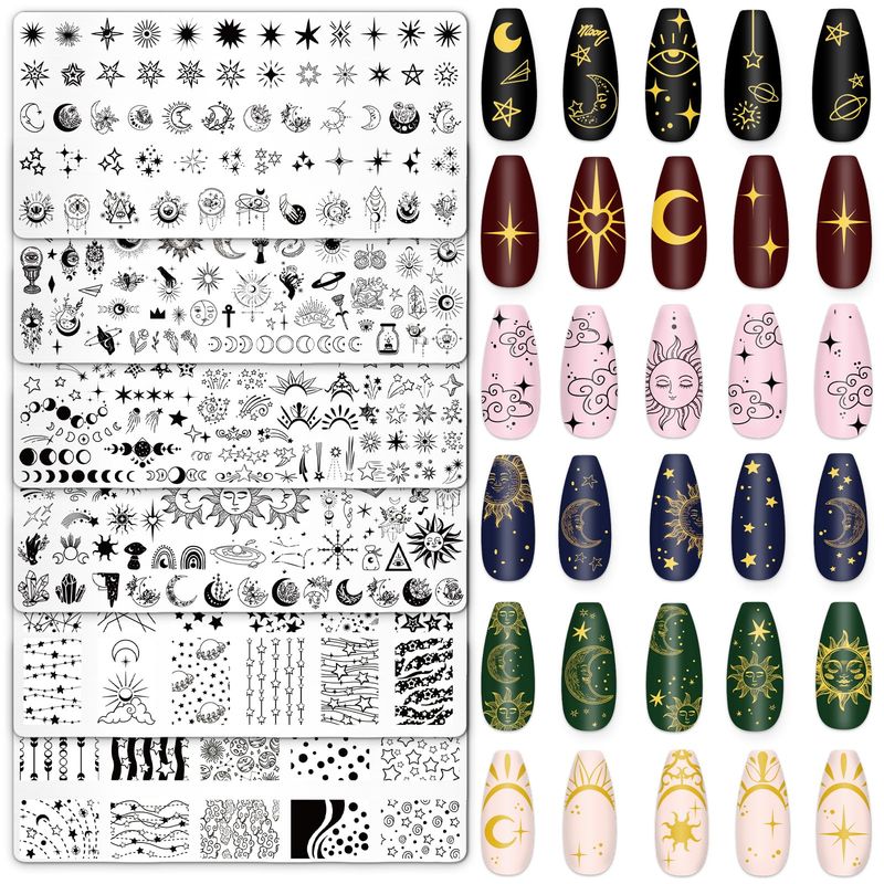 Whaline 6Pcs Sun Moon Star Nail Plates Stamping Set Groovy Stamp Templates Nail Art Plates for DIY Print Manicure Salon Design Gift Supplies