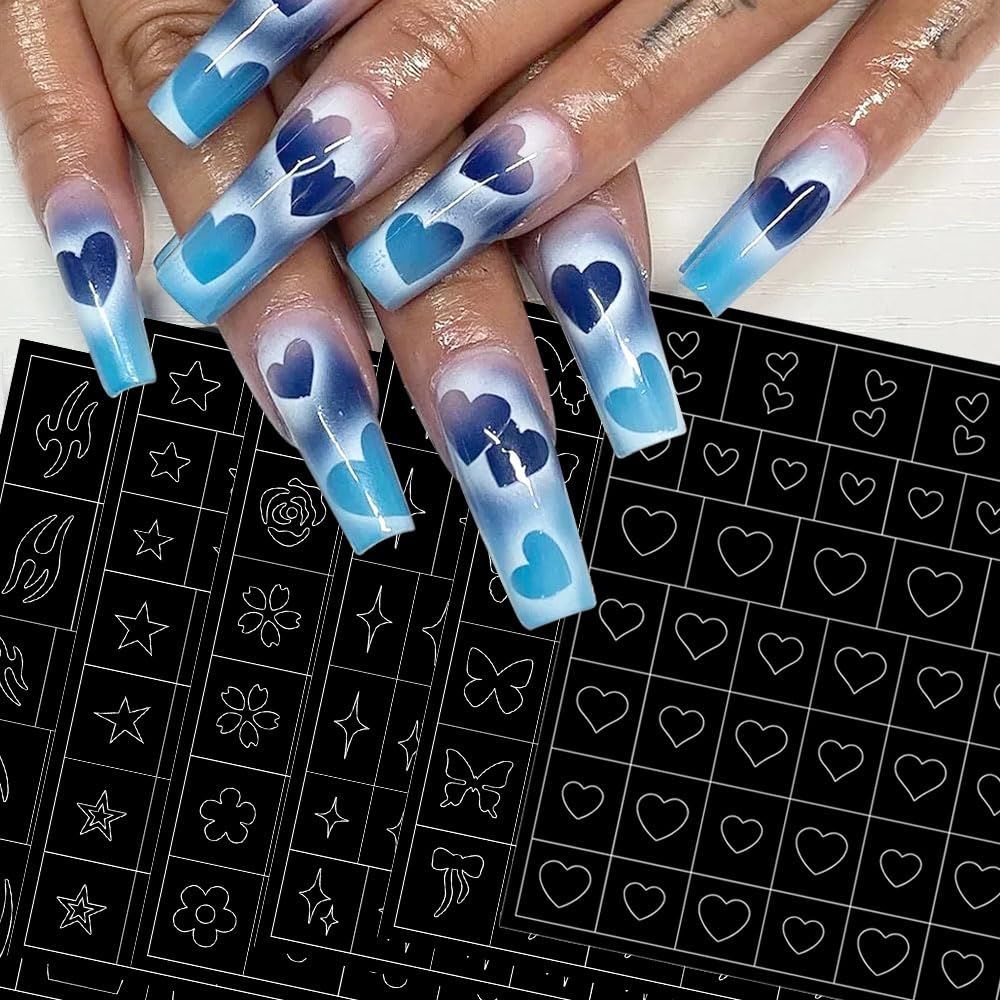 6 Sheets Airbrush Stencils - 3D Hollow Butterfly, Flame, Four Pointed Stars, Heart Star Nail Decals Printing Template Stencil Tool for DIY Nail Art Supplies