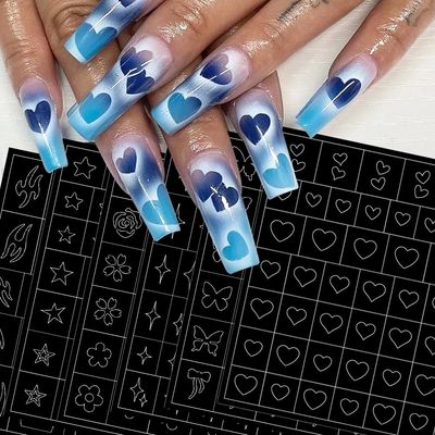 6 Sheets Airbrush Stencils - 3D Hollow Butterfly, Flame, Four Pointed Stars, Heart Star Nail Decals Printing Template Stencil Tool for DIY Nail Art Supplies