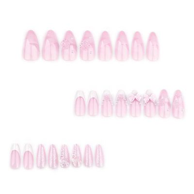 Foccna French Press on Nails Pink Medium, 3D Flower Fake Nails Almond Acrylic False Nails White,Artificial Nails for Women and Girls 24pcs