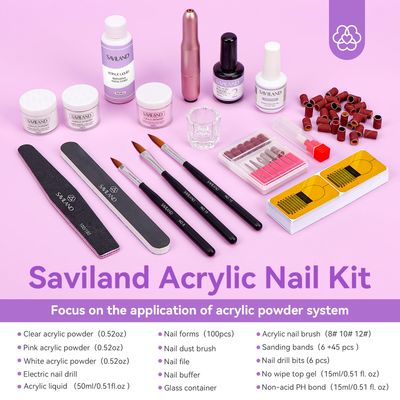 SAVILAND Acrylic Nail Kit with Drill: 15g Clear White Pink Acrylic Powder and Liquid Set Beginner Nail Kit with 100 Forms Brushes Primer Top Gel & Manicure Tools Kit for Extension 3D Carving Home DIY