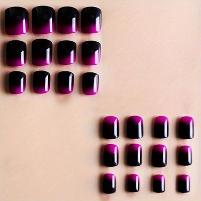 Purple Press on Nails Short Square French Fake Nail Glossy False Nails with Gradient Designs Glossy Purple Black Acrylic Nails Full Cover Stick on Nails for Women and Girls 24 Pcs