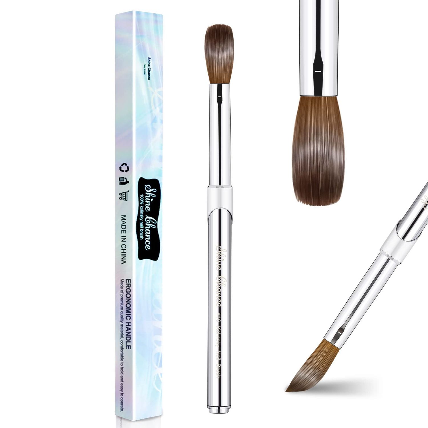Shine Chance Acrylic Nail Art Brush Size 16, 100 Pure Kolinsky Hair Oval for Application, Professional Extension Manicure Tool Striping Drawing Pen DIY Home Salon, Silver, 1.0 Count