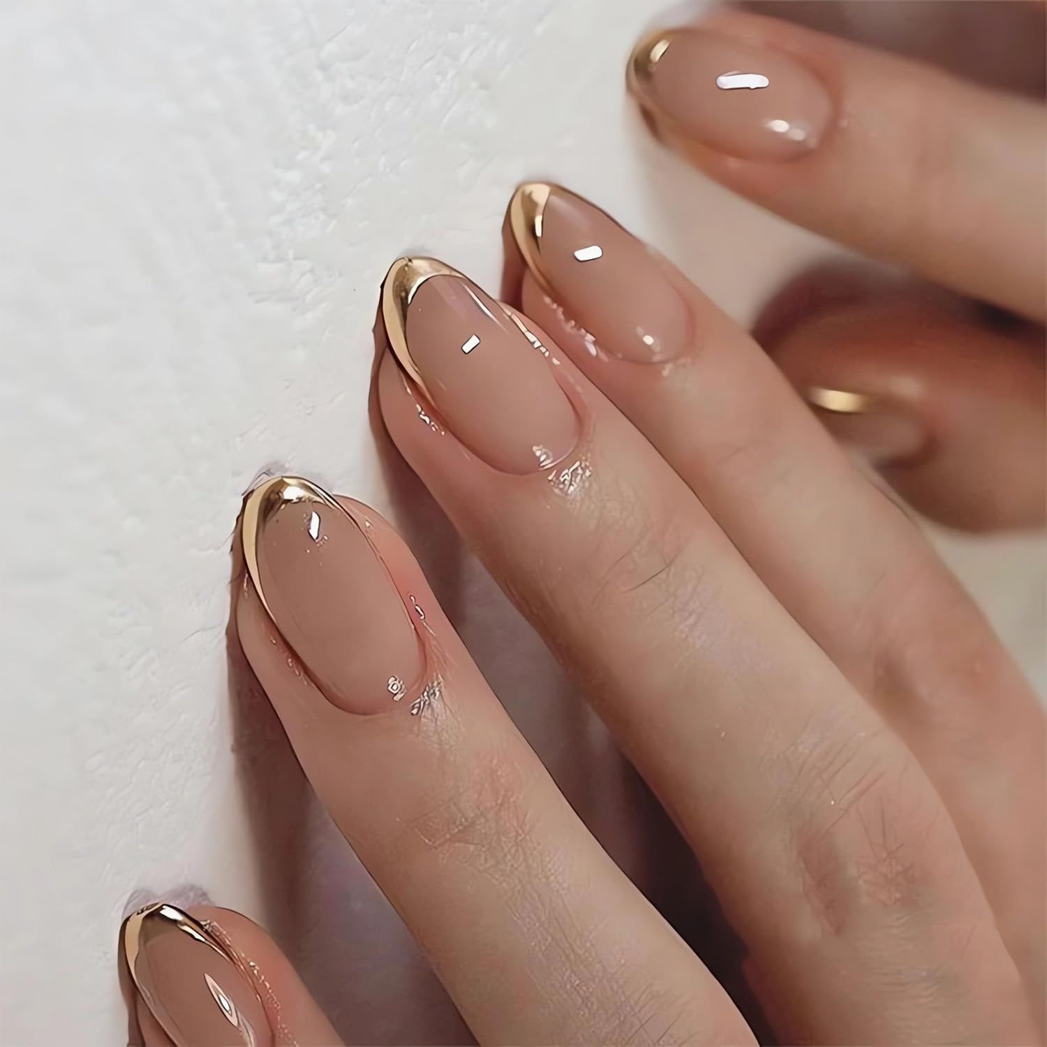 LPOODDNU French Tip Press on Nails Almond Fake Nails Medium False Nails with Gold Tips Design Glue on Nails Glossy Pink Acrylic Nails Press ons Full Cover Stick on Nails for Women Manicure 24Pcs