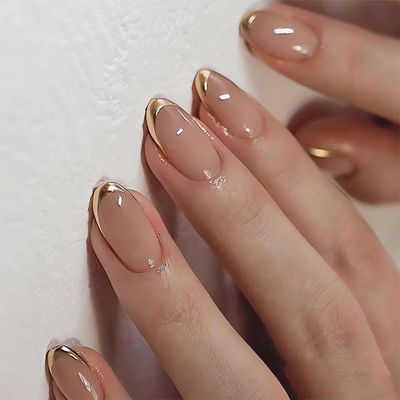 LPOODDNU French Tip Press on Nails Almond Fake Nails Medium False Nails with Gold Tips Design Glue on Nails Glossy Pink Acrylic Nails Press ons Full Cover Stick on Nails for Women Manicure 24Pcs