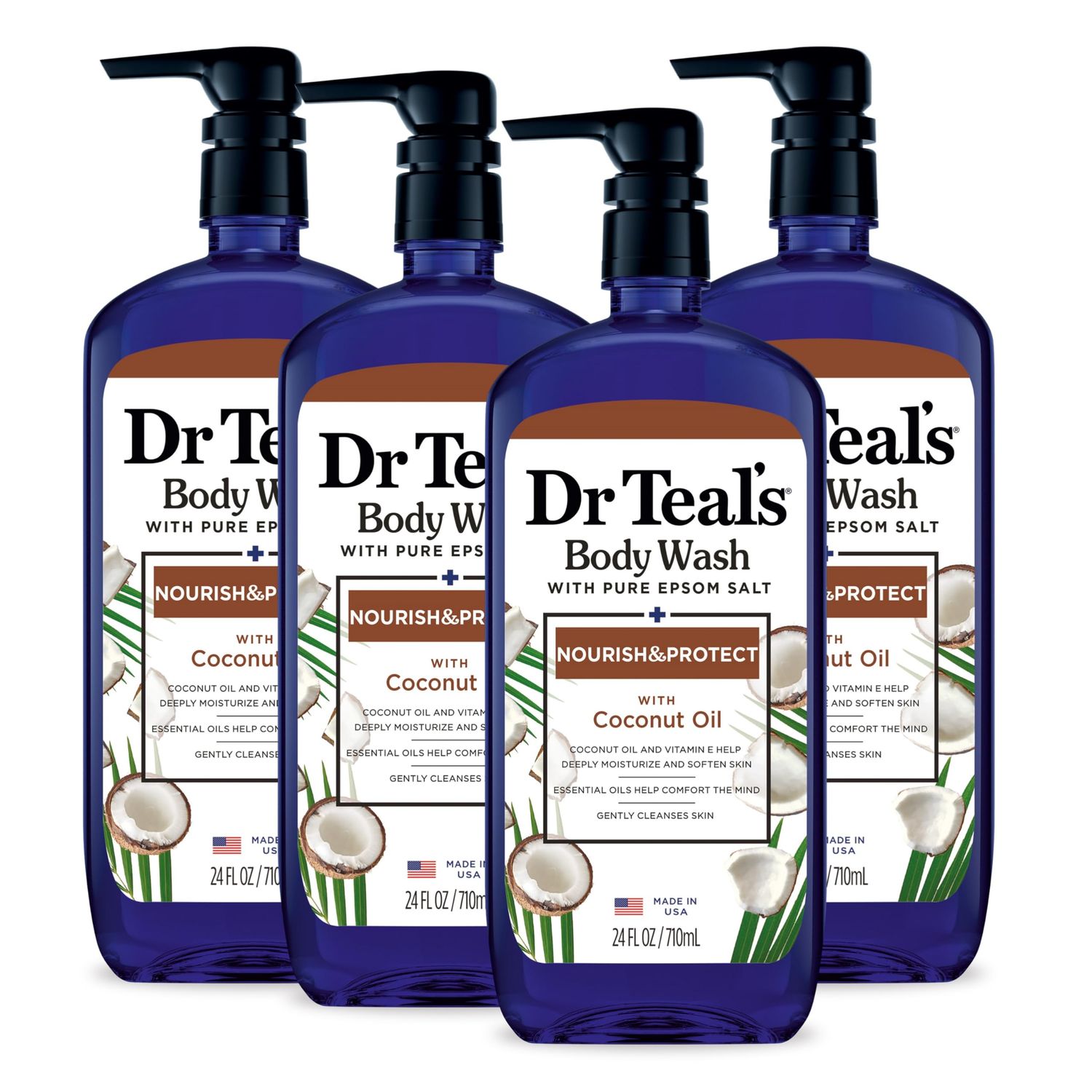 Dr Teals Body Wash with Pure Epsom Salt, with Coconut Oil, 24 fl oz (Pack of 4)
