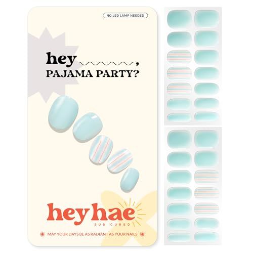 Heyhae Semi Cured Gel Nail Strips | No LED Lamp Needed | Summer, Solid, Blue | Easy Apply &amp; Remove, Salon Quality | Includes 28 Strips, 1 Prep Pads, Nail File &amp; Wooden stick - Hey, Pajama Party?