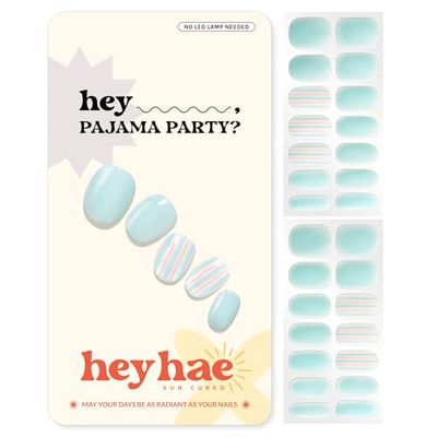 Heyhae Semi Cured Gel Nail Strips | No LED Lamp Needed | Summer, Solid, Blue | Easy Apply &amp; Remove, Salon Quality | Includes 28 Strips, 1 Prep Pads, Nail File &amp; Wooden stick - Hey, Pajama Party?
