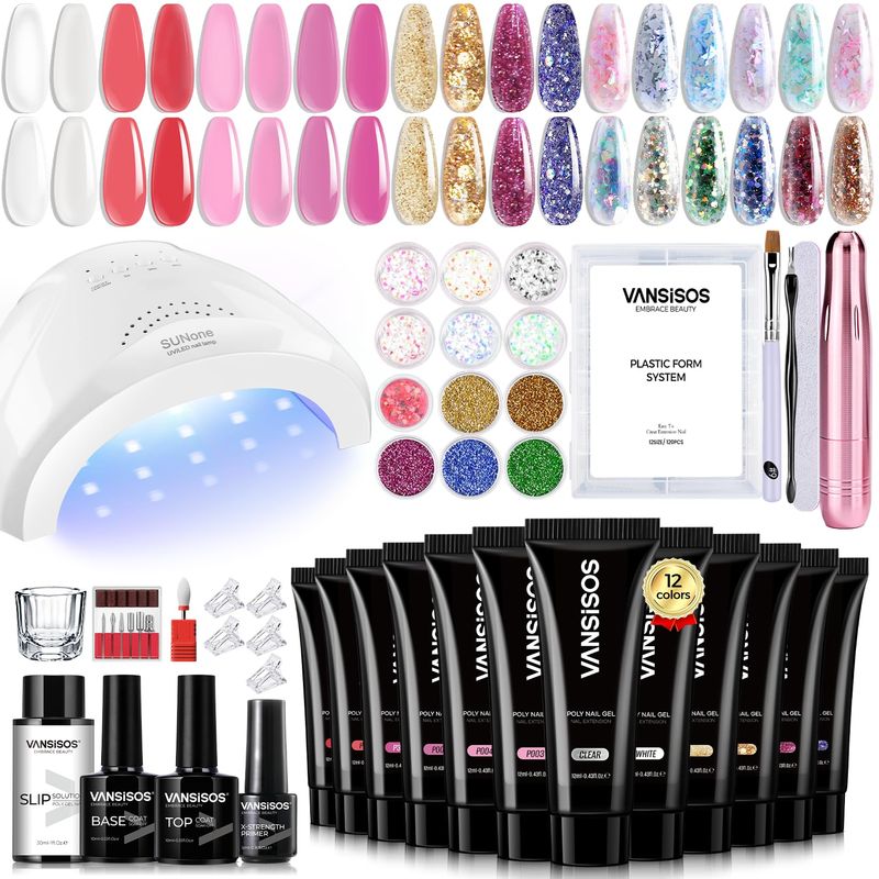 Poly Gel Nail Extension Kit: 12PCS Poly Nail Gel Kit with U V Nail Light Nail Drill Poly Gel Kits with Everything for Beginners Poly gel Nail Kit Starter Kit