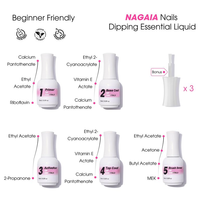 NAGAIA Premuim Nail Dipping System, Dip Essential Liquid Set, All In One Dip Liquid Kit, Home &amp; Salon Nail Dipping Manicure, Air Dry Dip Powder System, Salon Acrylic Nail Alternative, 3 Replaced Brush