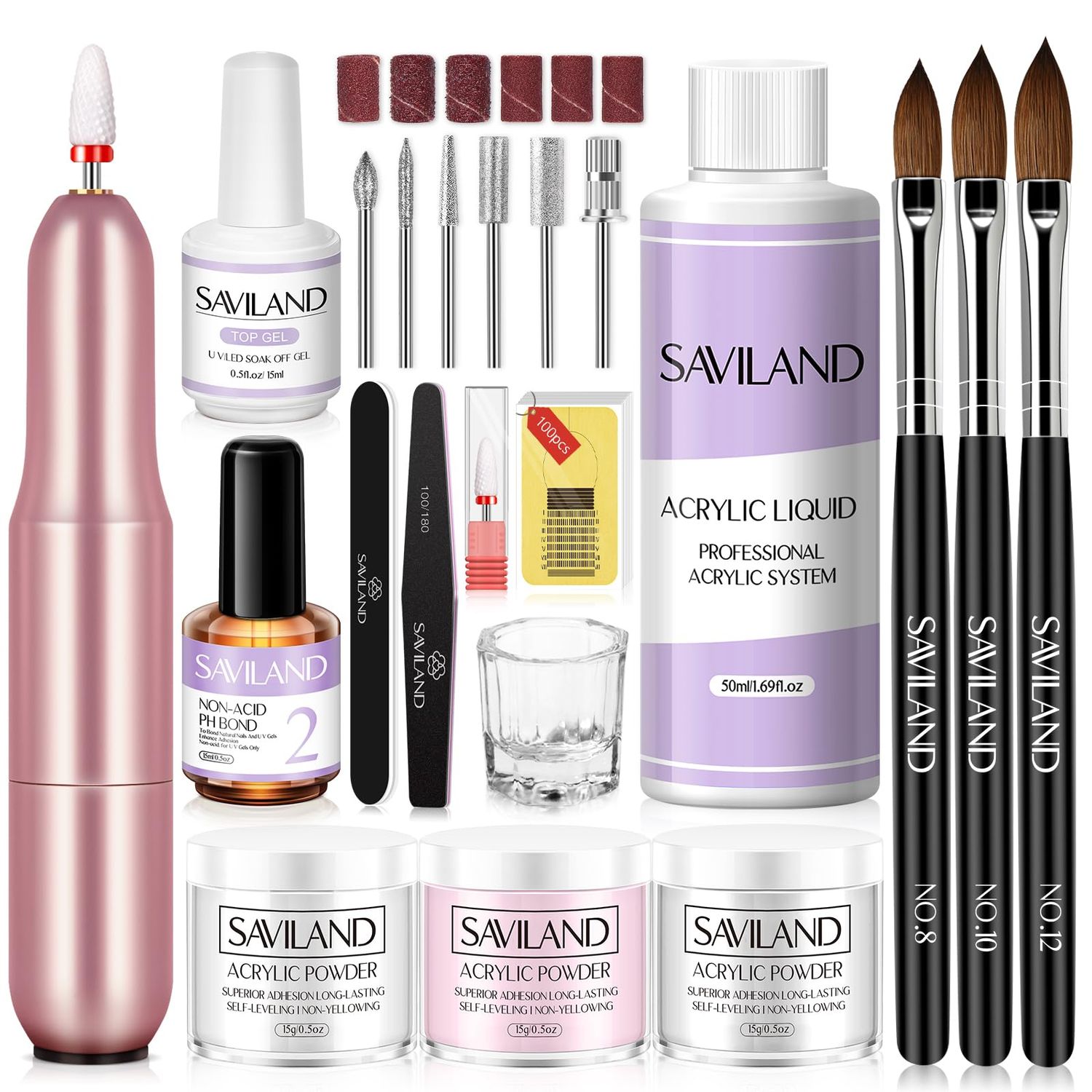 SAVILAND Acrylic Nail Kit with Drill: 15g Clear White Pink Acrylic Powder and Liquid Set Beginner Nail Kit with 100 Forms Brushes Primer Top Gel &amp; Manicure Tools Kit for Extension 3D Carving Home DIY