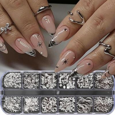 Silver Star Moon Nail Charms Nail Art Kit with 30 Sheets Silver Nail Art Stickers 3D Self-Adhesive SIlver Nail Decals Nail Supplies for Women Acrylic Nail DIY Manicure Kit with tweezer,Pick up Pencil