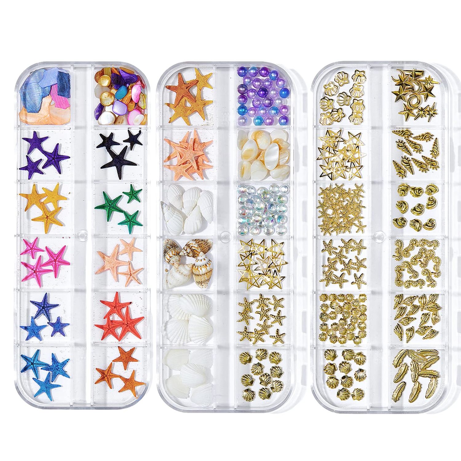 GULELAYAR 3 Boxes Summer Beach Nail Art Rhinestones, 3D Ocean Nail Charms Starfish Conch Sea Series Nail Art Designs Accessories Nail Art Rivets Manicure DIY Seashell Nail Decorations for Women Girls