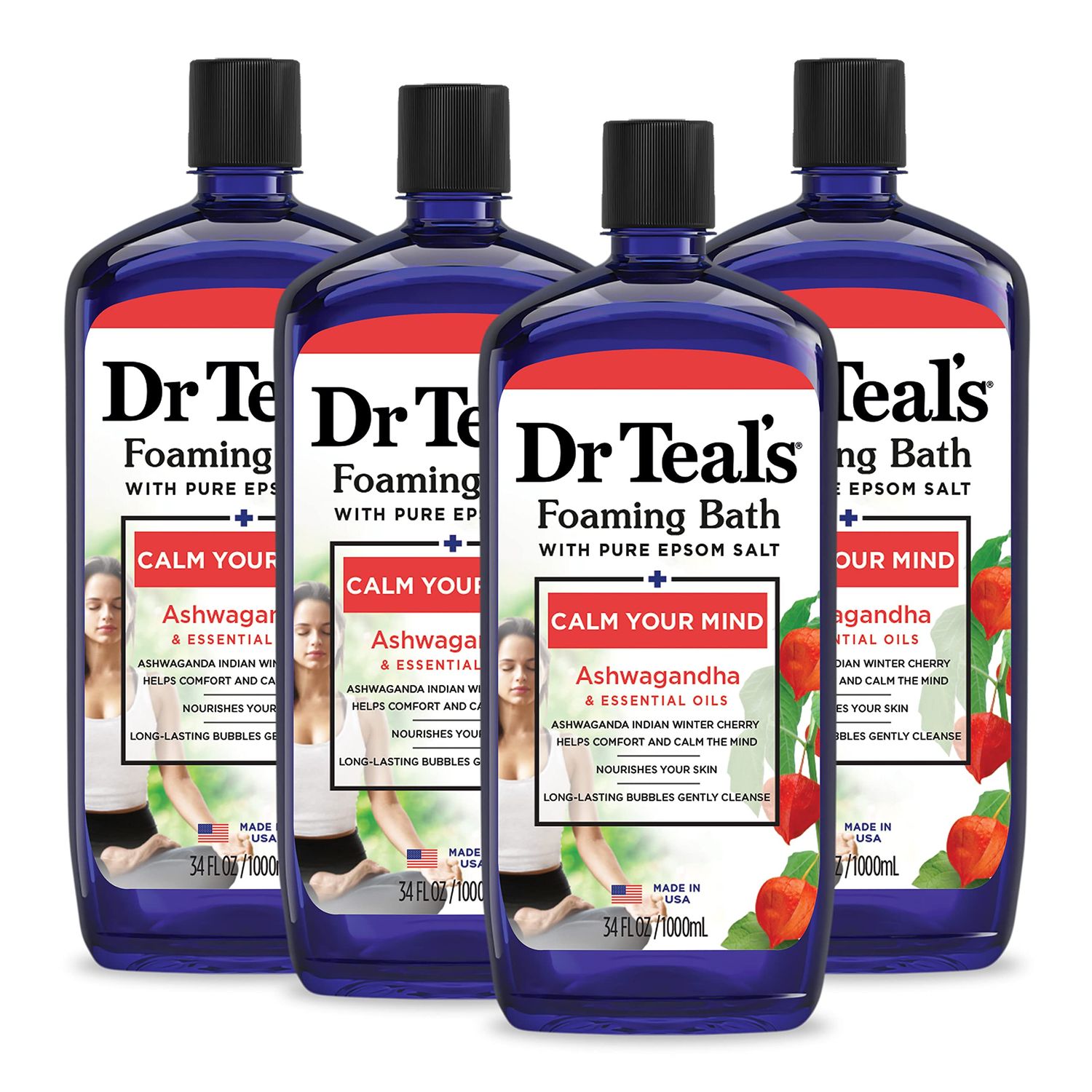 Dr Teals Foaming Bath with Pure Epsom Salt, Ashwagandha, 34 fl oz (Pack of 4)