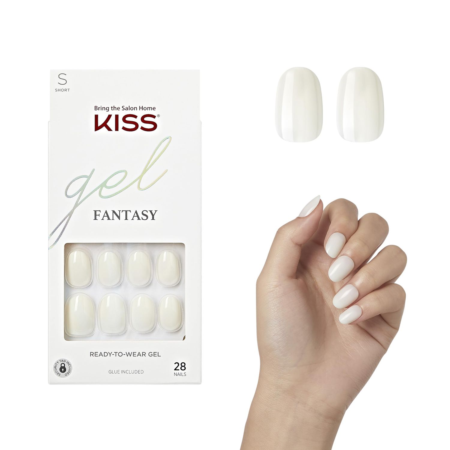 KISS Gel Fantasy, Press-On Nails, Nail glue included, Perfect Fit, Light White, Short Size, Oval Shape, Includes 28 Nails, 2g Glue, 1 Manicure Stick, 1 Mini file