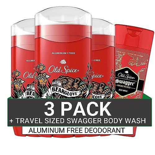 Old Spice Aluminum Free Deodorant for Men, 24/7 Odor Protection, 24/7 Freshness &amp; Lasting Scent, Bearglove Scent, 3.0 oz with Travel Size Swagger Body Wash (Pack of 4)