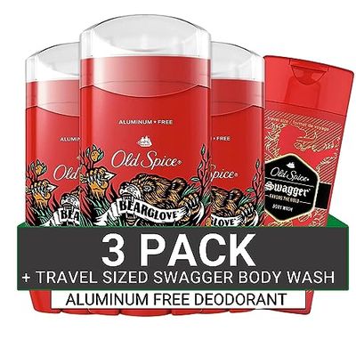 Old Spice Aluminum Free Deodorant for Men, 24/7 Odor Protection, 24/7 Freshness &amp; Lasting Scent, Bearglove Scent, 3.0 oz with Travel Size Swagger Body Wash (Pack of 4)