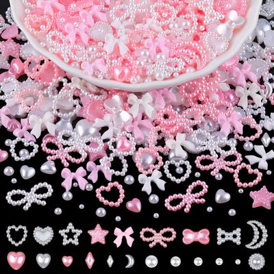 1200Pcs 3D Multi Shapes Nail Charms and Flatback Pearls, White&amp;Pink Mix Styles Heart Star Bow Sunflower Embellishments for Nail Art, Craft and Decoration with Tweezer and Pickup Pencil