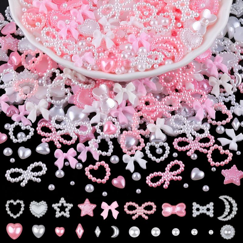 1200Pcs 3D Multi Shapes Nail Charms and Flatback Pearls, White&amp;Pink Mix Styles Heart Star Bow Sunflower Embellishments for Nail Art, Craft and Decoration with Tweezer and Pickup Pencil