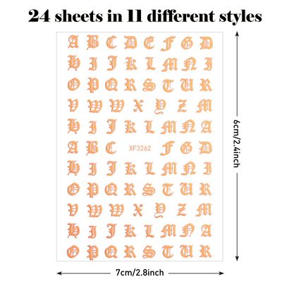 Maitys 24 Sheets Letters for Nails Old English Nail Stickers 3D Holographic Letter Self-Adhesive Gold Old English Alphabet Nail Decals for DIY Women(Classic Colors)
