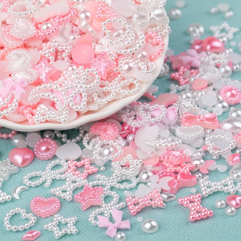 1200Pcs 3D Multi Shapes Nail Charms and Flatback Pearls, White&amp;Pink Mix Styles Heart Star Bow Sunflower Embellishments for Nail Art, Craft and Decoration with Tweezer and Pickup Pencil