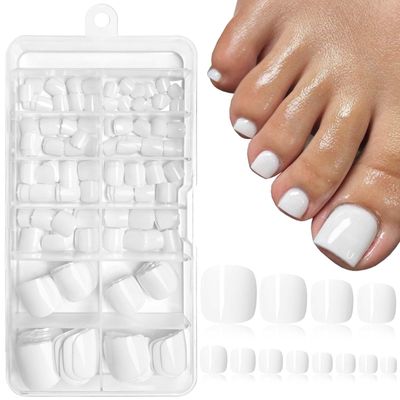 LoveOurHome 240pc White Press on Toenails Women Fake Toe Nails with Glue Tabs, White Fake Toenails Press on Toe Nails Glue on Toenails Acrylic Toe Nail Tip Artificial False Toenails for Women Girls