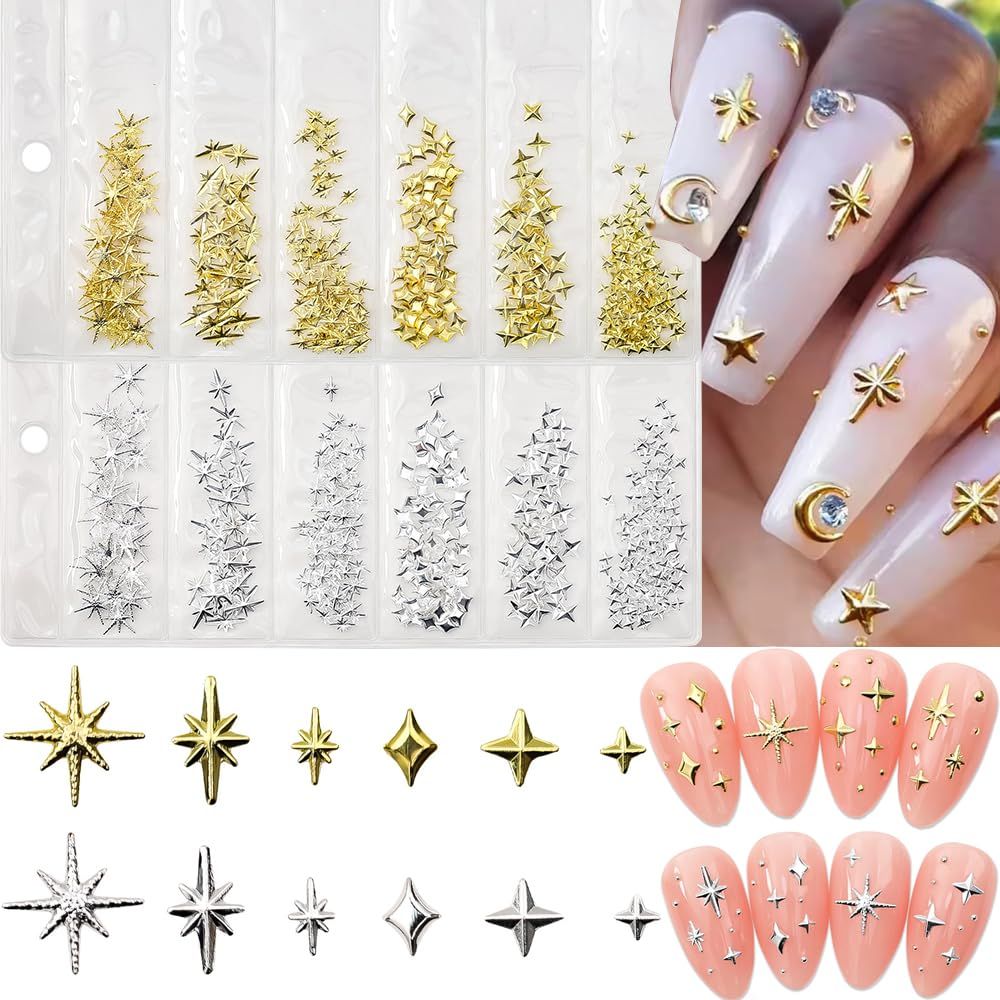 Nail Charms, 400 PCS Star Nail Art Charms for Acrylic Nails Gold Silver Metallic Studs Shiny Alloy Star Nail Jewelry Star Nail Rhinestones Nail Supplies Accessories for Women Girls