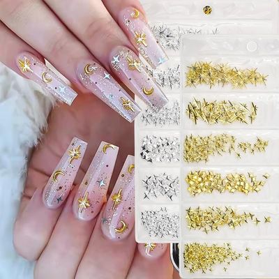 Nail Charms, 400 PCS Star Nail Art Charms for Acrylic Nails Gold Silver Metallic Studs Shiny Alloy Star Nail Jewelry Star Nail Rhinestones Nail Supplies Accessories for Women Girls