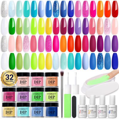 AZUREBEAUTY Spring Summer Bright Pastel Neon Color 42 Pcs Dip Powder Nail Kit, Pink Yellow Purple Mint Green Color Dip Nails Powder Starter Set with Essential Liquid Recycling Tray Nail Manicure