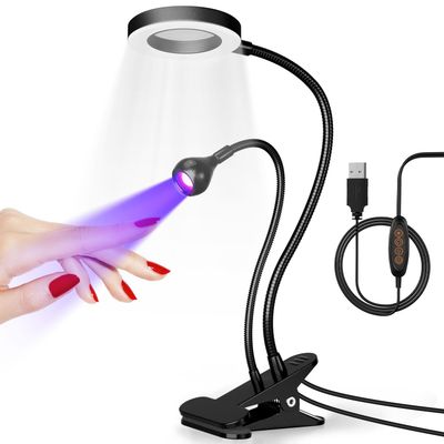 krofaue UV Nail Lamp for Gel X - Flash Cure Lamp Dual-Light Gel X UV Light with 6 Magnifier 4-Levels Brightness Nail Dryer for Regular Polish, Desk Clip Salon-Perfect Manicures at Home Black