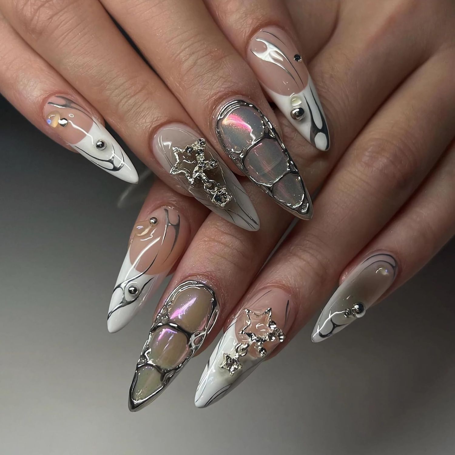 BABALAL Press on Nails Medium Almond Fake Nails Y2K Sliver Chrome Glue ons Nails French Tip Metallic Star Charm Design Acrylic Nails 24Pcs Stiletto Manicure False Nails