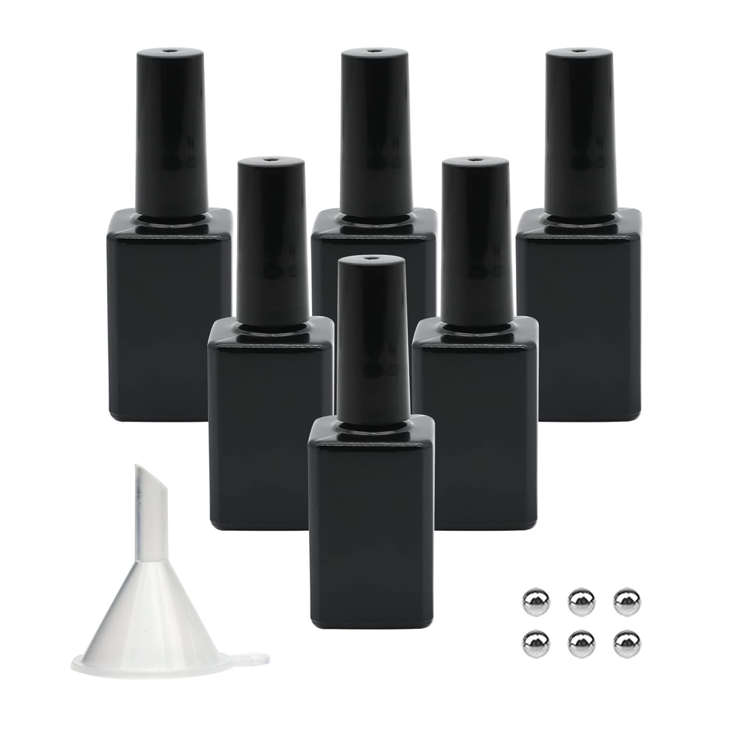 Agidea Empty Nail Polish Bottles with Brush, 15ML Refillable Gel Polish Bottles - Black, Opaque Square Glass, UV Safe with Mixing Balls &amp; Funnels, Pack of 6