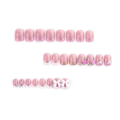 Press on Nails Square Fake Nails Short False Nails with 3D Bow Flower Charms Design Glossy Glue on Nails Full Cover Stick on Nails for Women 24Pcs