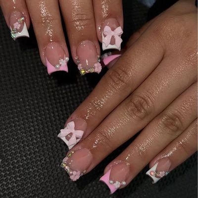 Press on Nails Square Fake Nails Short False Nails with 3D Bow Flower Charms Design Glossy Glue on Nails Full Cover Stick on Nails for Women 24Pcs