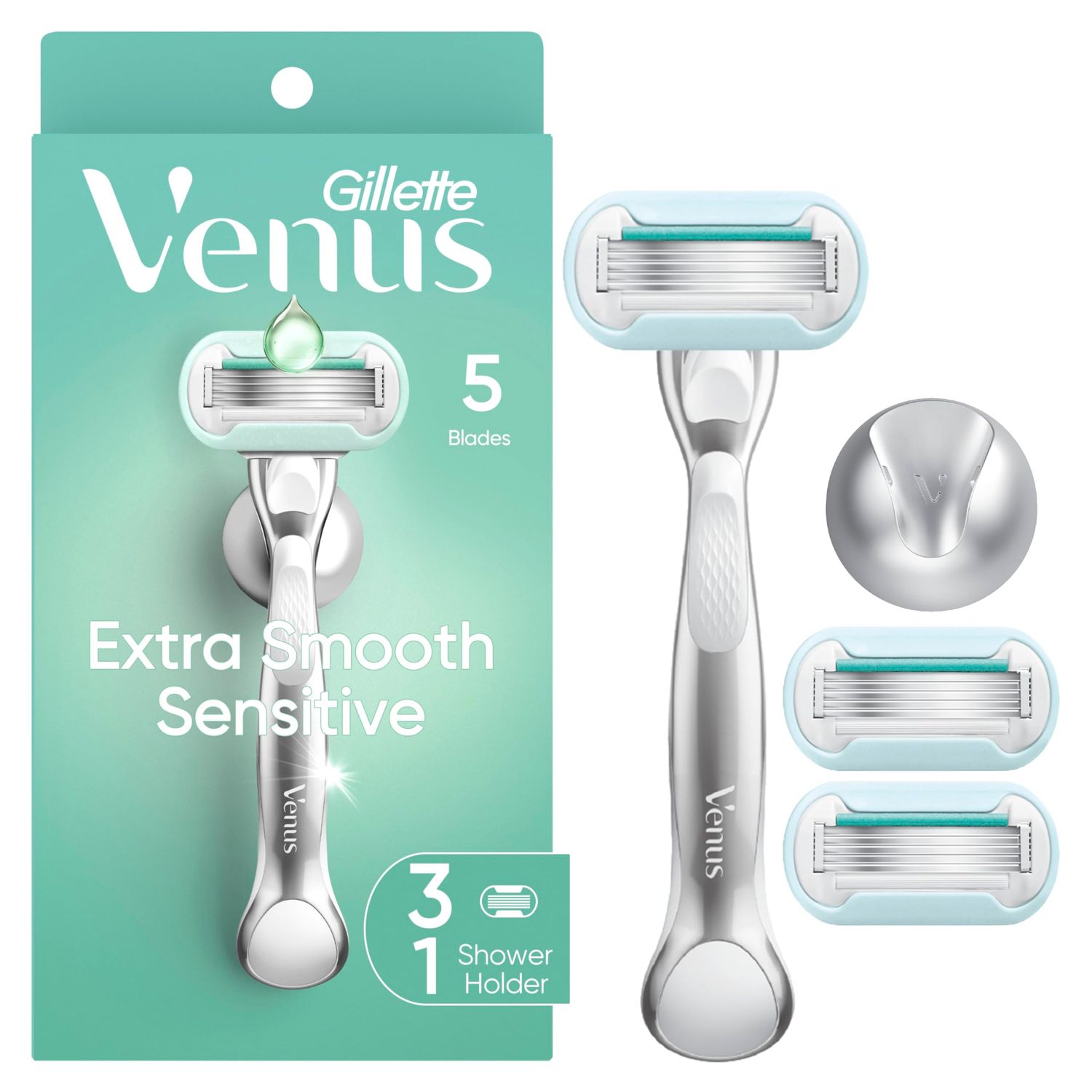 Gillette Venus Extra Smooth Sensitive Womens Razor with Reusable Handle, 3 Blade Refills and Shower Holder