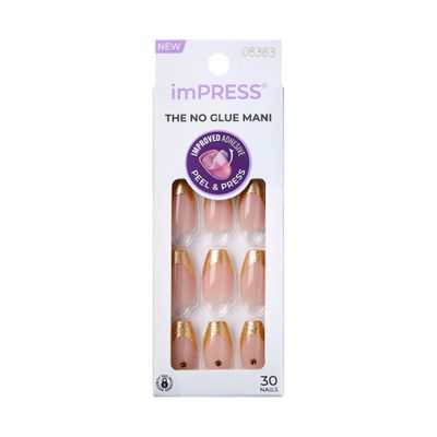 KISS imPRESS No Glue Mani 30 Pcs Press On Nails, Medium Coffin Design Nail, Gold French Tip Elegant Print, Simple Peel &amp; Press Easy Apply, Hassel-Free Removal, Essential Tools Included