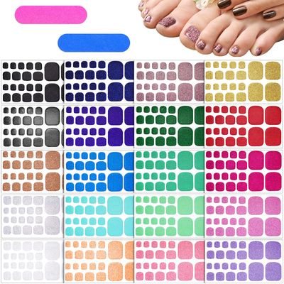 Maitys 440 Pcs 20 Sheets Glitter Toenail Stickers with 2 Nail Files Solid Color Full Nail Wraps Adhesive Toenail Polish Strips for Women(Vivid Color)