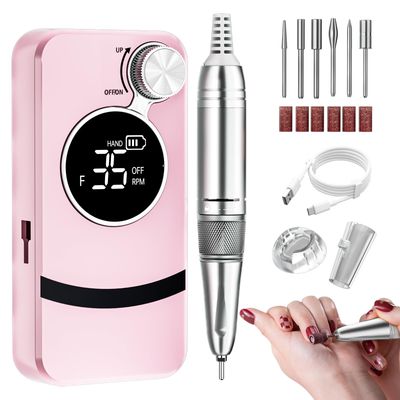 BECOSEFU Electric Nail Drill Machine - 35000RPM Portable Professional Rechargeable, Acrylic Gel Grinder Buffer Tools Manicure Pedicure Polishing, Pink