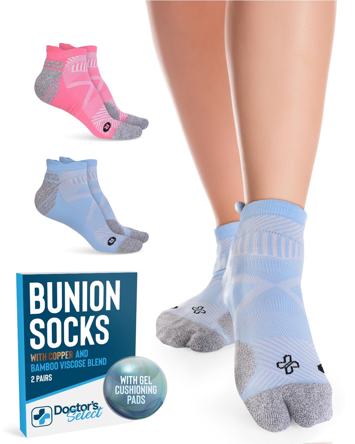 Doctors Select 2 Pairs Bunion Socks for Women and Men - Copper &amp; Bamboo Viscose Infused Bunion Relief Socks with Toe Separator | Blue &amp; Pink