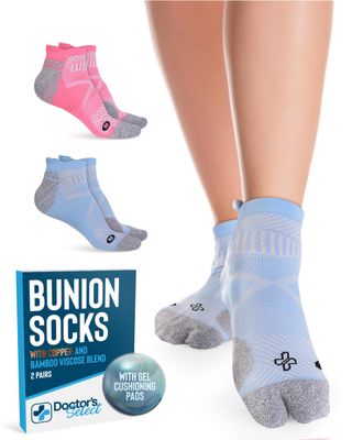 Doctors Select 2 Pairs Bunion Socks for Women and Men - Copper &amp; Bamboo Viscose Infused Bunion Relief Socks with Toe Separator | Blue &amp; Pink