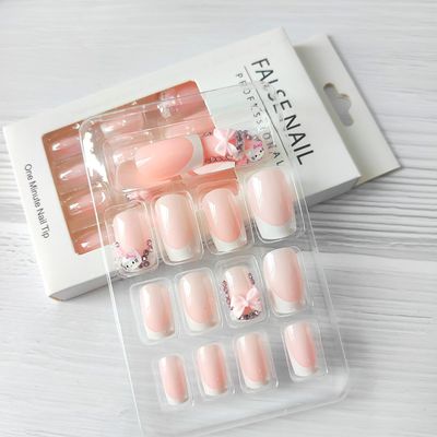 PDFADSK French Tip Press on Nails Medium Square Fake Nails Glossy White French Tip Glue on Nails with Rhinestones Cute Pink Bow Charms Full Cover False Nails for Women 24Pcs