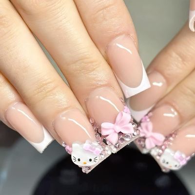 PDFADSK French Tip Press on Nails Medium Square Fake Nails Glossy White French Tip Glue on Nails with Rhinestones Cute Pink Bow Charms Full Cover False Nails for Women 24Pcs