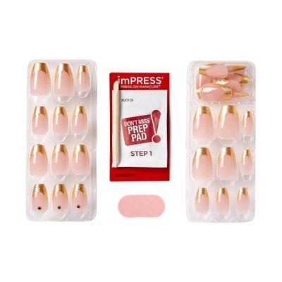 KISS imPRESS No Glue Mani 30 Pcs Press On Nails, Medium Coffin Design Nail, Gold French Tip Elegant Print, Simple Peel &amp; Press Easy Apply, Hassel-Free Removal, Essential Tools Included