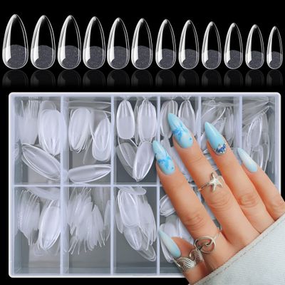 AddFavor 240pcs Almond Nail Tips Clear Full Cover Medium Length Short Almond Fake Nails Acrylic Gel Nail Tips for Salon and Home Nail Art Manicure 12 Sizes