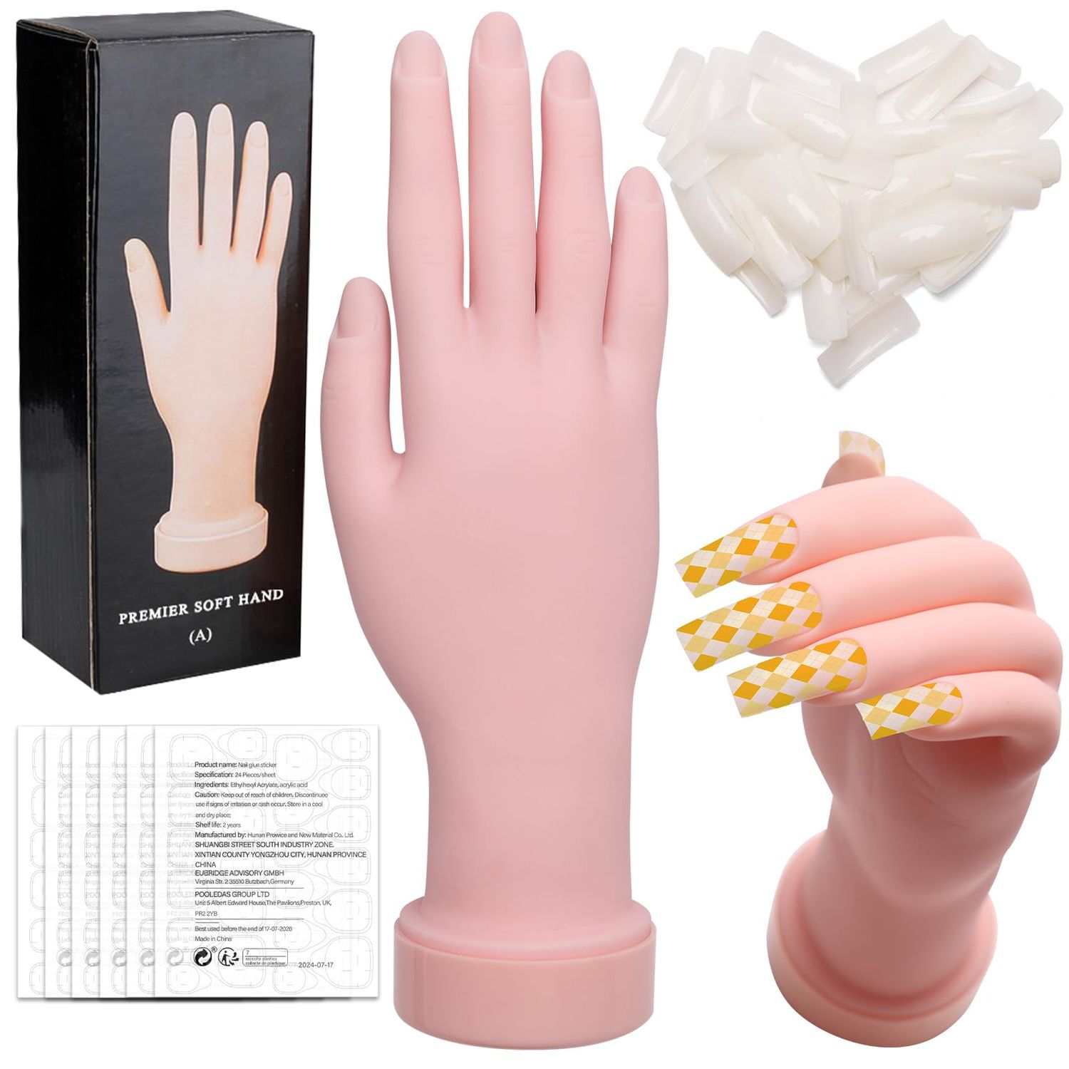 Zhaoyao Practice Hand for Acrylic Nails, Flexible Bendable Nail Practice Hand for Beginners with 100 PCS Nail Tips &amp; 192 PCS Jelly Glues, Silicone Manicure Training kit for Nail Art