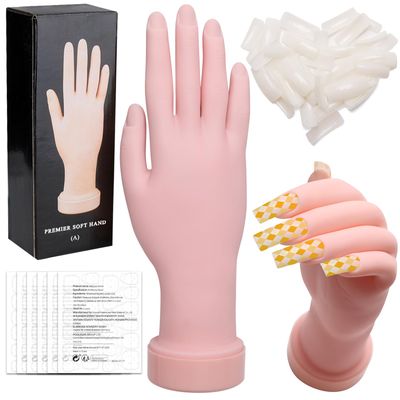 Zhaoyao Practice Hand for Acrylic Nails, Flexible Bendable Nail Practice Hand for Beginners with 100 PCS Nail Tips &amp; 192 PCS Jelly Glues, Silicone Manicure Training kit for Nail Art